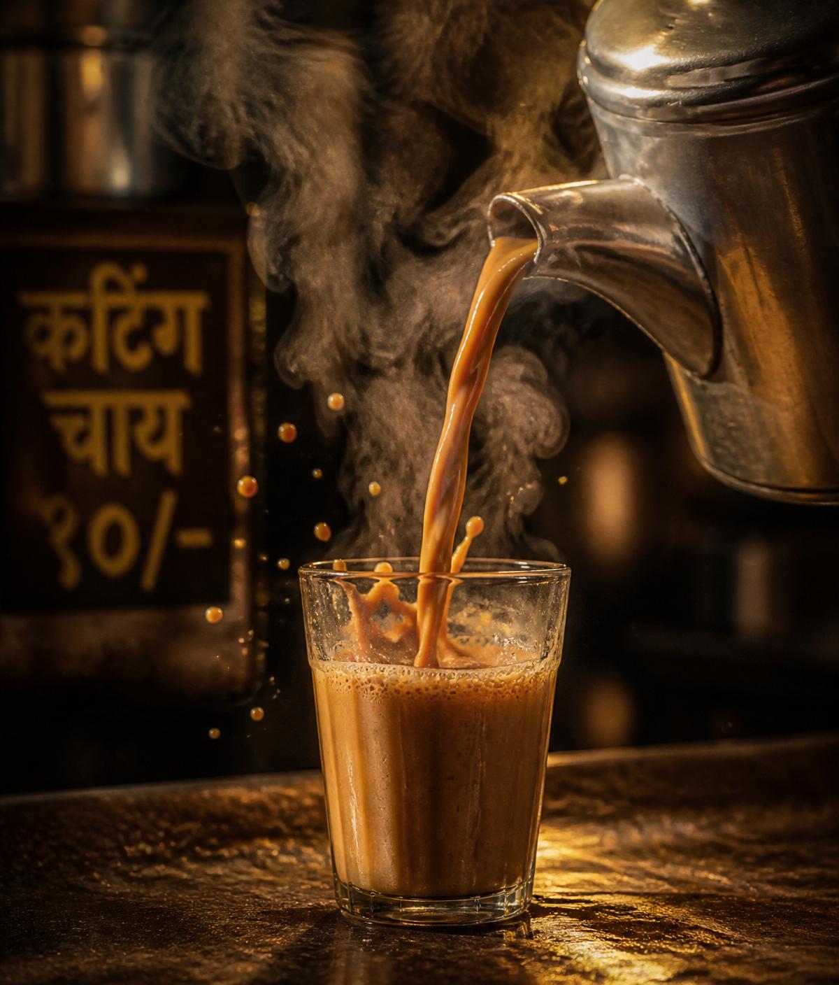 Hot masala chai being poured from a steel kettle into a glass tumbler